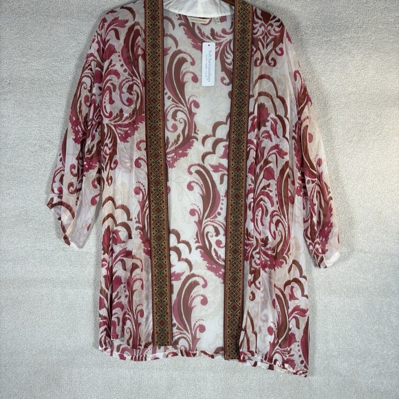 Soft Surroundings Boho White Pink Jakarta Kimono Decorative Trim Sheer Size S/M - Picture 2 of 9